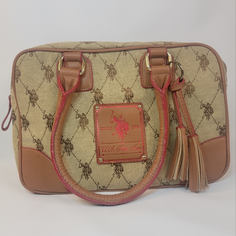 U.S. Polo Assn. Vintage Handbag, Cosm. Bag, Tan and Cream with Pink Lining, EUC